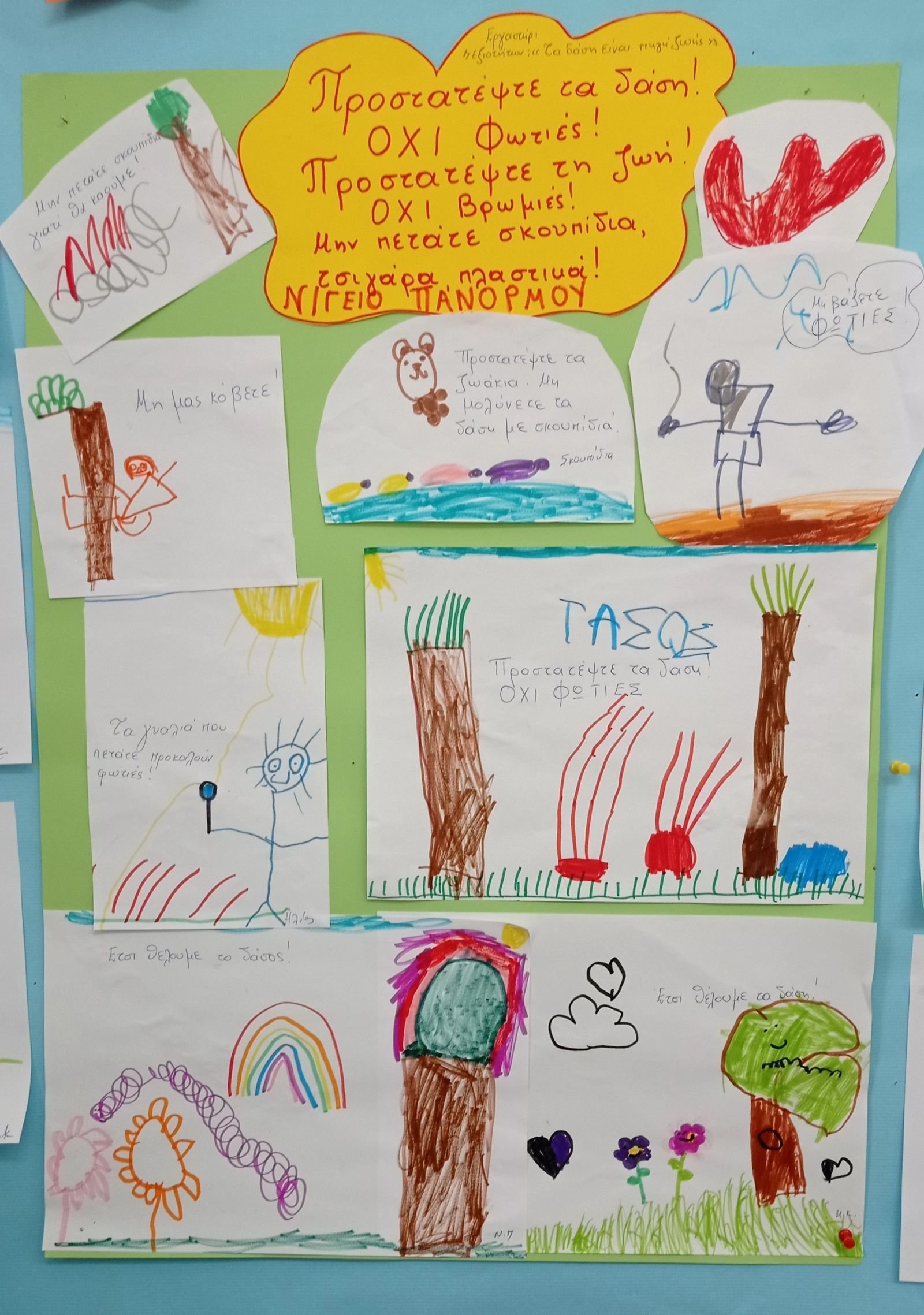 The children put up a poster on the island's grove of trees The children put up a poster on the island's grove of trees