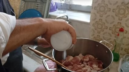 The meat is cut into chunks and salted generously... The meat is cut into chunks and salted generously...